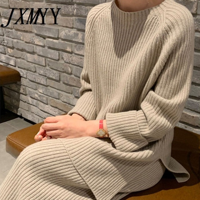 JXMYY 2021 New Fashion Winter Women's Thicken Warm Knitted Pullover Sweater Two-Piece Suits +High Waist Loose Wide Leg Pants Set - KMTELL