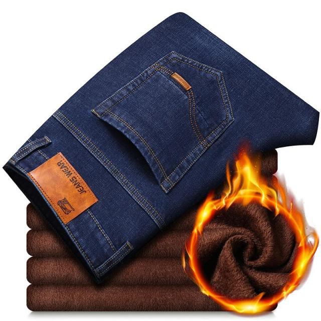 Winter Thermal Warm Flannel Stretch Jeans Mens Winter Quality Famous Brand Fleece Pants Men Straight Flocking Trousers Jean Male - KMTELL