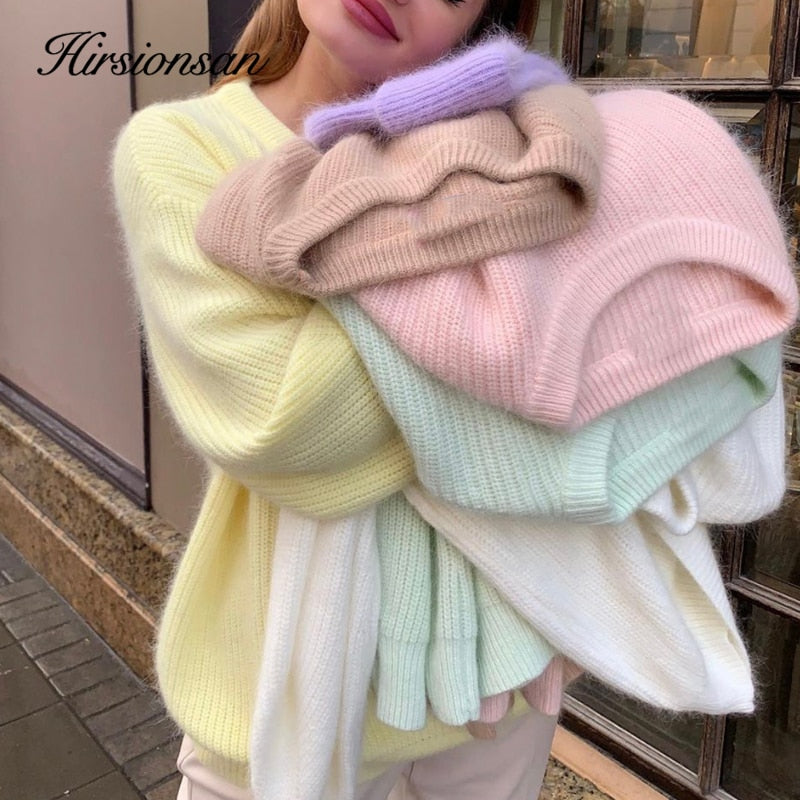 Hirsionsan Soft Loose Knitted Cashmere Sweaters Women 2021 New Winter Loose Solid Female Pullovers Warm Basic Knitwear Jumper - KMTELL