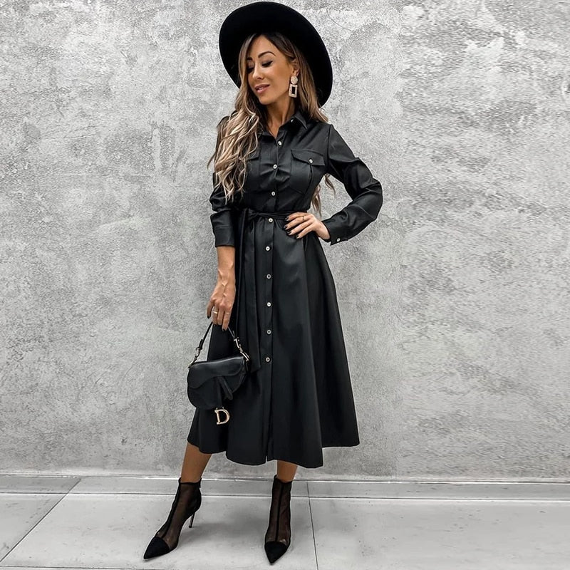 Women Office Lady PU A line Solid Turn Down Collar Single Breasted Sashes Black 2021 New Autumn Casual Party Chic Long Dress - KMTELL