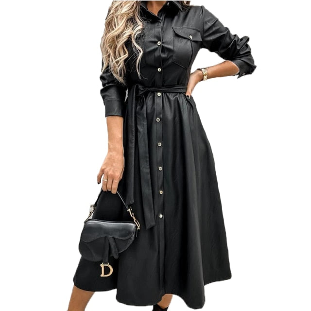 Women Office Lady PU A line Solid Turn Down Collar Single Breasted Sashes Black 2021 New Autumn Casual Party Chic Long Dress - KMTELL