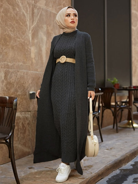 Women Dress New Season Autumn Winter 2 Piece Hijab Knitwear Suit Islamic Muslim Clothing Long Cardigan Model Made in Turkey - KMTELL