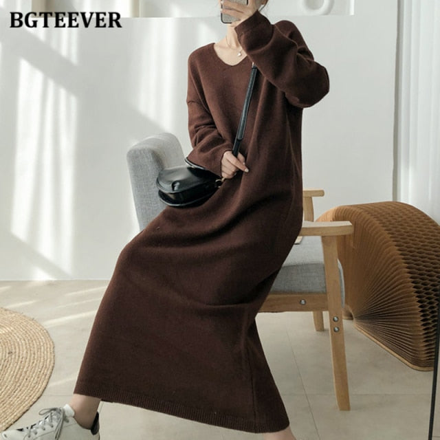 BGTEEVER V-neck Loose Full Sleeve Women Sweater Long Dress Autumn Winter Knitted Dress Casual Straight Female Vestidos 2021 - KMTELL