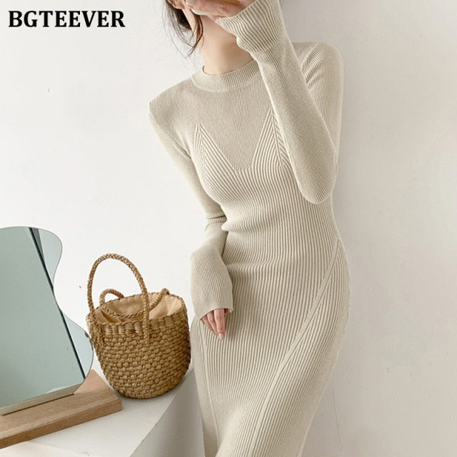 BGTEEVER O-neck Slim Sweaters Bodycon Dress for Women 2021 Autumn Winter Knitted Vestidos Femme Full Sleeve Midi Female Dress - KMTELL