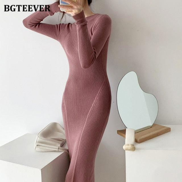 BGTEEVER O-neck Slim Sweaters Bodycon Dress for Women 2021 Autumn Winter Knitted Vestidos Femme Full Sleeve Midi Female Dress - KMTELL