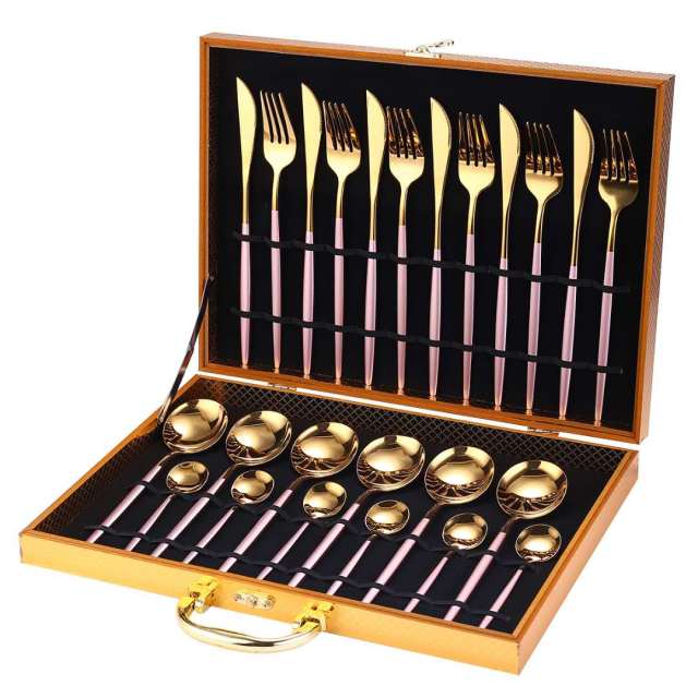 24pcs Gold Dinnerware Set Stainless Steel Tableware Set Knife Fork Spoon Luxury Cutlery Set Gift Box Flatware Dishwasher Safe - KMTELL