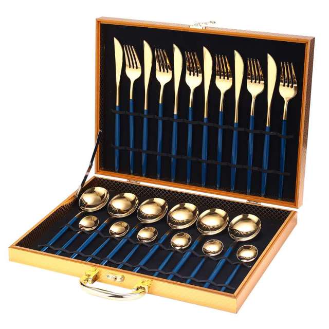 24pcs Gold Dinnerware Set Stainless Steel Tableware Set Knife Fork Spoon Luxury Cutlery Set Gift Box Flatware Dishwasher Safe - KMTELL