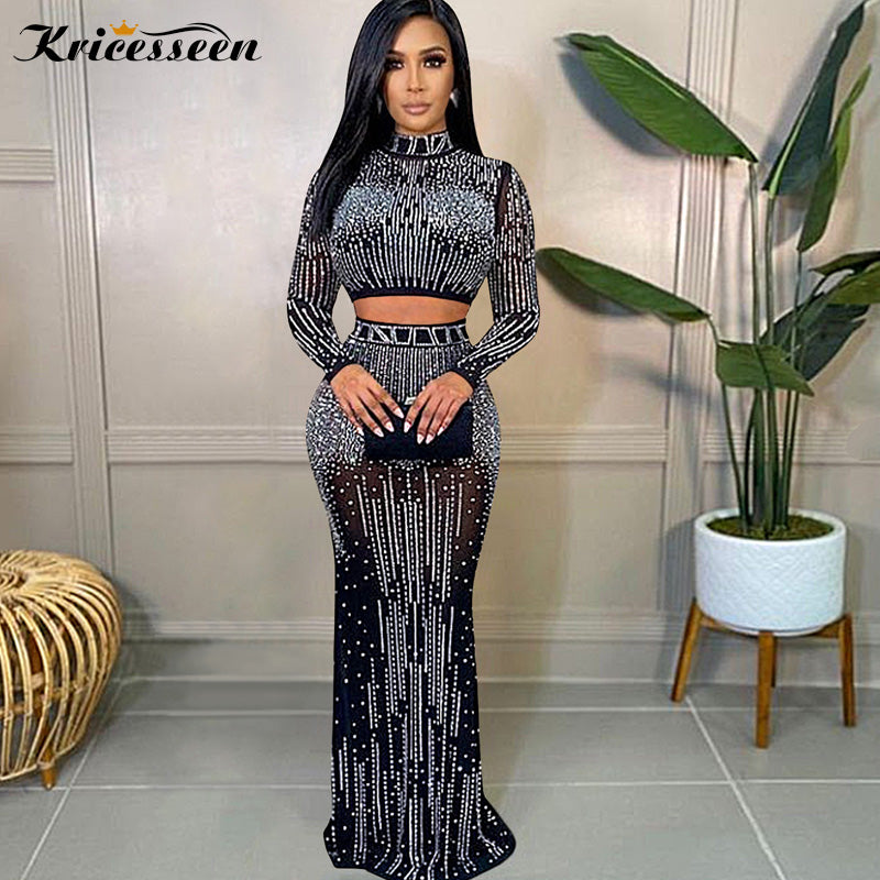 Kricesseen Sexy Mesh Hot Drilling See Through Skirt Set Women Crystal Long Sleeve Top And Maxi Skirt Suits Clubwear Outfits - KMTELL