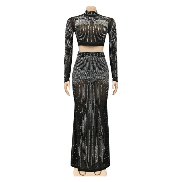 Kricesseen Sexy Mesh Hot Drilling See Through Skirt Set Women Crystal Long Sleeve Top And Maxi Skirt Suits Clubwear Outfits - KMTELL