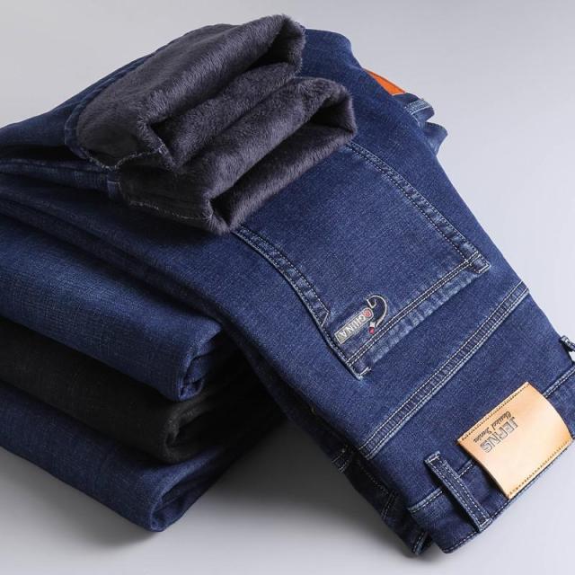 Winter Thermal Warm Flannel Stretch Jeans Mens Winter Quality Famous Brand Fleece Pants Men Straight Flocking Trousers Jean Male - KMTELL