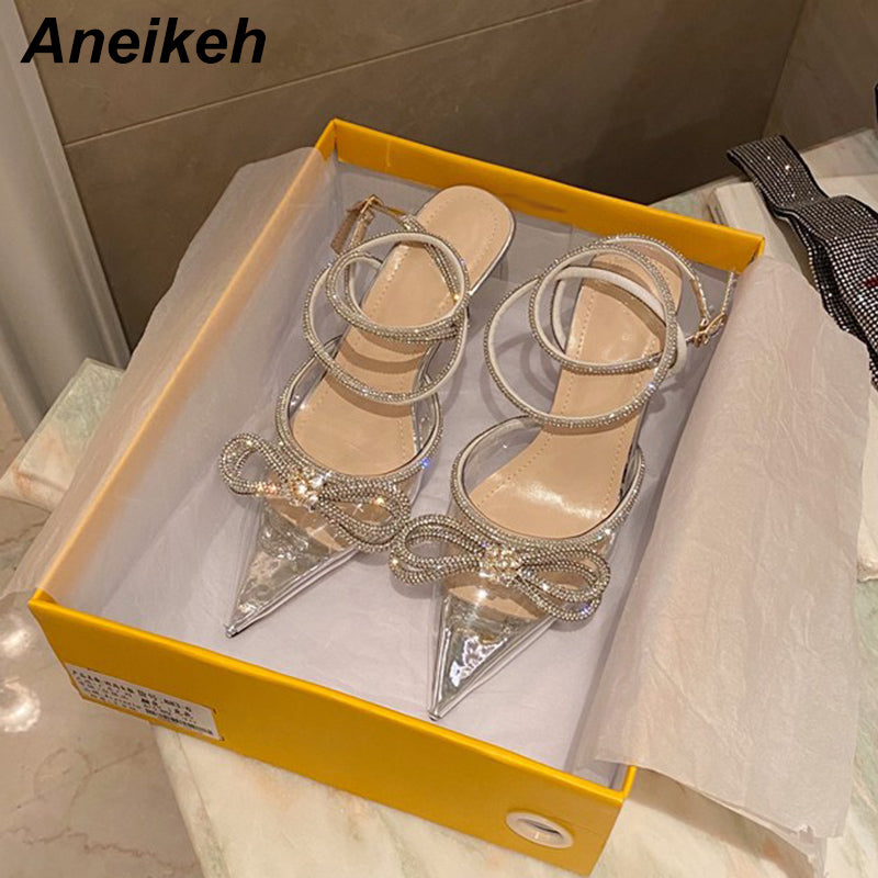 Aneikeh Spring/Autumn 2022 Women&#39;s Shoes Fashion Butterfly-Knot Narrow Band Bling Patchwork Cross-Tied Crystal Pointed Toe Pumps - KMTELL