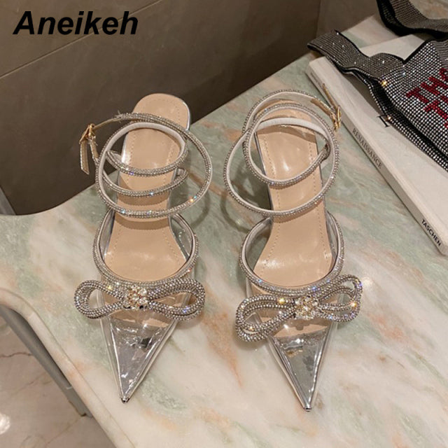 Aneikeh Spring/Autumn 2022 Women&#39;s Shoes Fashion Butterfly-Knot Narrow Band Bling Patchwork Cross-Tied Crystal Pointed Toe Pumps - KMTELL