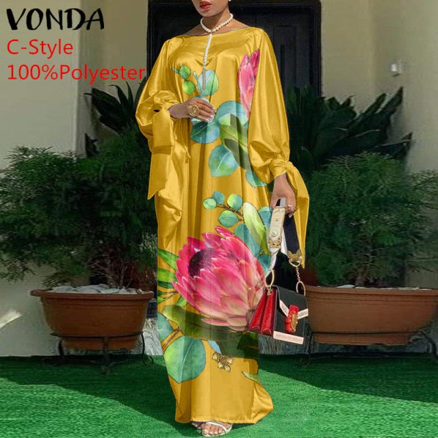 Elegant Kaftan Dress Women Satin Party Dress 2021 VONDA Long Sleeve Bohemian Holiday Summer Sundress Female Casual Vestido Robe - KMTELL