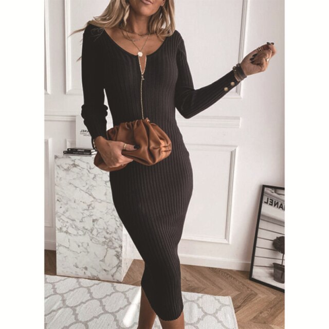 Best Selling Women&#39;s Fashion Long Sleeve Spring And Autumn Solid Color Mid-Waist Temperament Commuter Long Dress - KMTELL