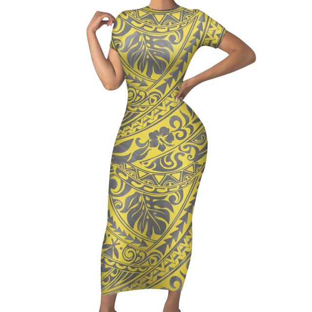 Best Selling Custom Women&#39;s Polynesian Tribal Green Background With Monstera Leaf Ladies Summer Tight Breathable Vintage Dress - KMTELL