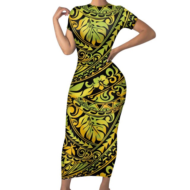Best Selling Custom Women&#39;s Polynesian Tribal Green Background With Monstera Leaf Ladies Summer Tight Breathable Vintage Dress - KMTELL