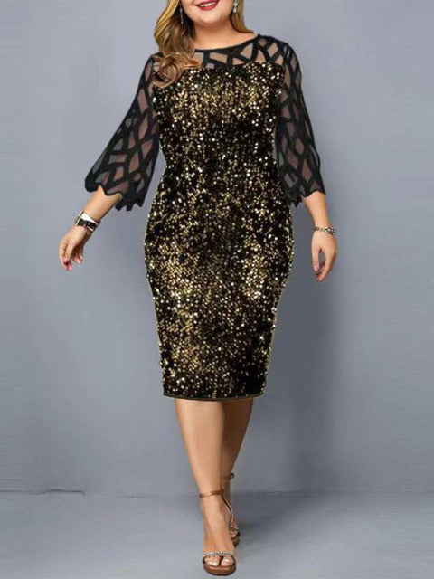 Party Dress Plus Size Ladies Midi Sequin Mesh Long Sleeve Lace Elegant Bodycon XL-4XL 5XL Evening Dresses Woman Summer 2021 - KMTELL