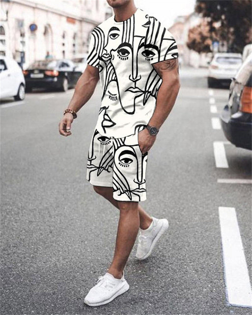 New Summer Fashion Men&#39;s 2 Piece Set Tracksuits Casual Short Sleeves Print T-shirt+shorts Pants Suits Camisetas Ropa Hombre - KMTELL