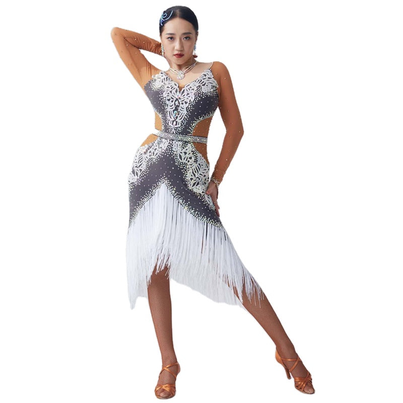 L-2043 Best selling national standard latin american dancing dresses female adults competition tassel cha-cha rumba dance dress - KMTELL