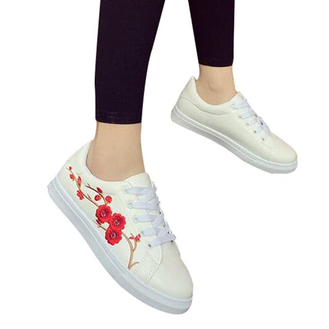 HEE GRAND Embroidered Women Casual Shoes Lace-up Floral Fashion Vulcanize Shoes All-match Spring White Shoes XWB119 - KMTELL