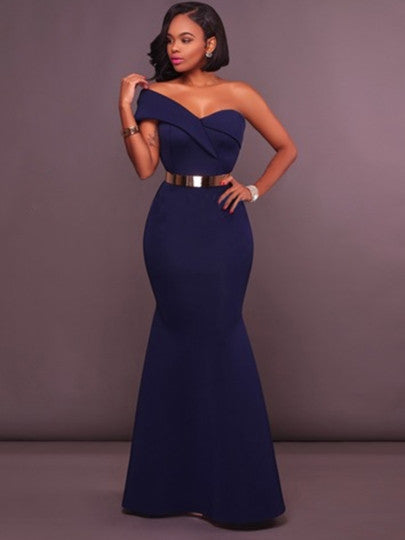 Dark Blue One Shoulder Women's Maxi Dress - KMTELL