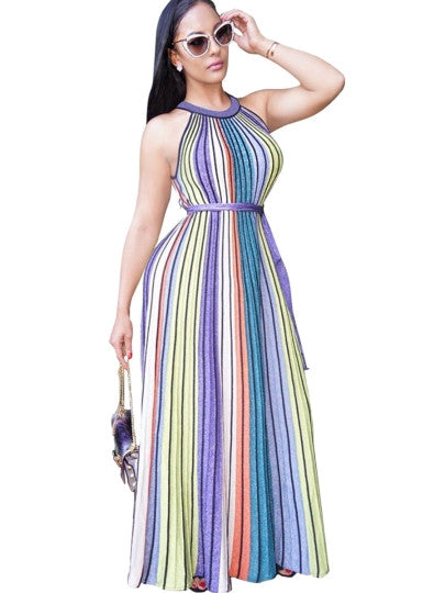Lace up Stripes Women's Maxi Dress - KMTELL
