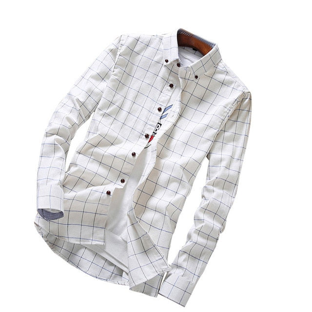 High Quality Slim Fit Long Sleeve Shirt Cotton Blend Plaid Jogger Casual Men - KMTELL