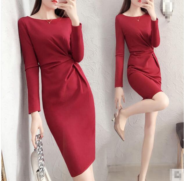 Red spring long sleeve bodycon office work dress plicate best selling 2018 products - KMTELL