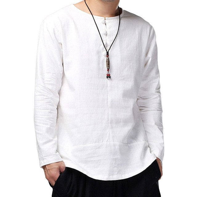 Casual Shirts Men Cotton Linen Long Sleeve Solid Color Men Clothing Crew-Neck High Quality White Shirt Black Camisa Masculina - KMTELL
