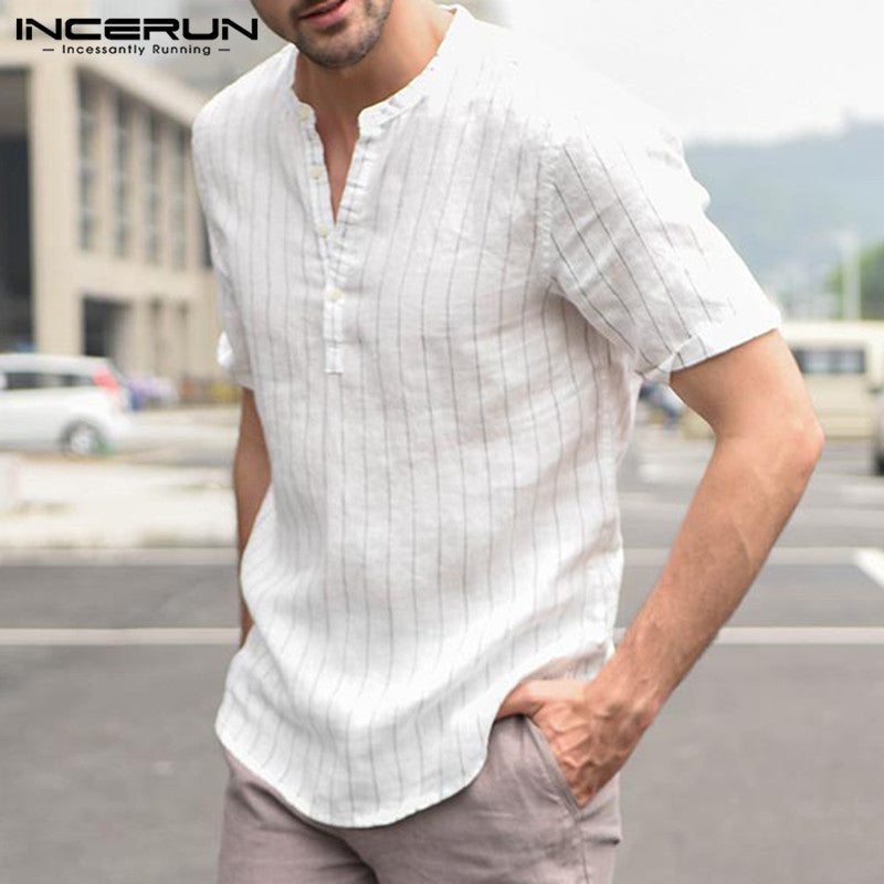 High Quality Summer Shirts Short Sleeve Striped Men Casual Shirt Pullover Cotton Shirt Dress Men Clothes Slim Fit Hombre Camisa - KMTELL