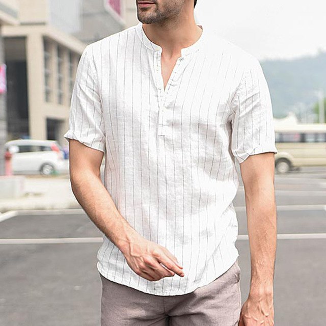 High Quality Summer Shirts Short Sleeve Striped Men Casual Shirt Pullover Cotton Shirt Dress Men Clothes Slim Fit Hombre Camisa - KMTELL