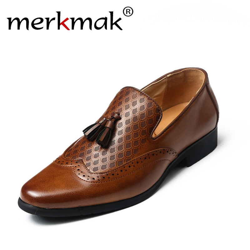 Merkmak Men Dress Shoes Classic Tassel Brogue Oxford Shoes British Style Genuine Leather Loafers Soft Flats Wedding Formal - KMTELL