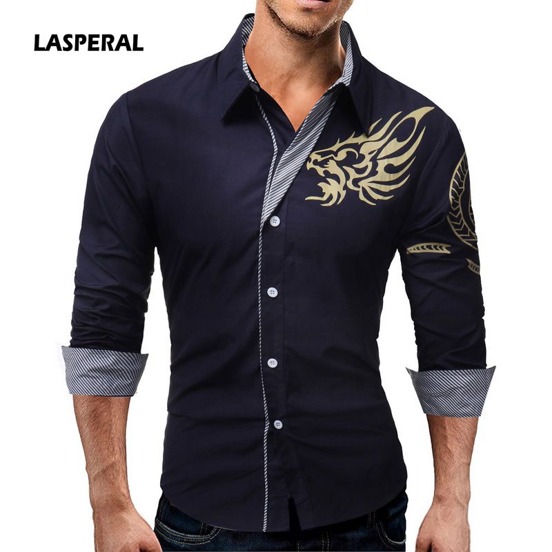 LASPERAL Male 2018 New Men's Long Sleeve Dress Shirts Dragons Men Casual Slim Fit Lapel Shrit High Quality Large Plus Size M-4XL - KMTELL