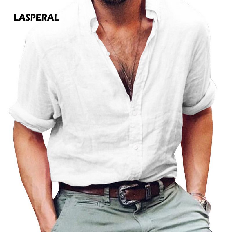 LASPERAL Men's Shirts Long Sleeve Business Shirt Brand Linen Male Slim Fit Casual Solid Flax Dress Shirt Man S-3XL High Quality - KMTELL