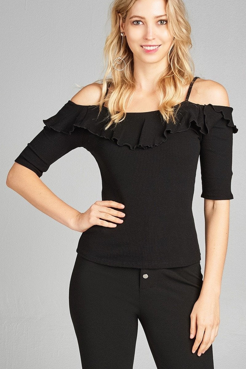 Elbow Sleeve Open Shoulder Ribbed Top w/ Ruffles - Black - KMTELL