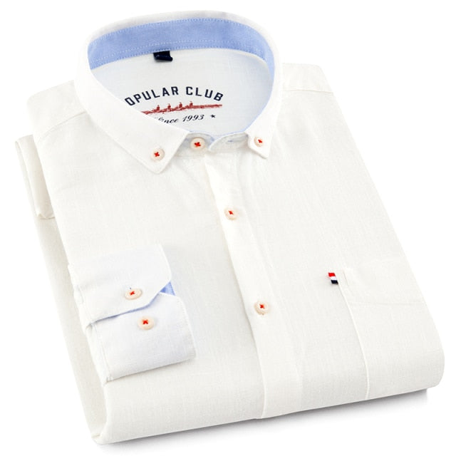 Men's Regular-Fit Shirt Cotton Line Long Sleeve Loose Business Dress Pure Color Button Shirt Men Blue White Tops Camisa Hombre L - KMTELL